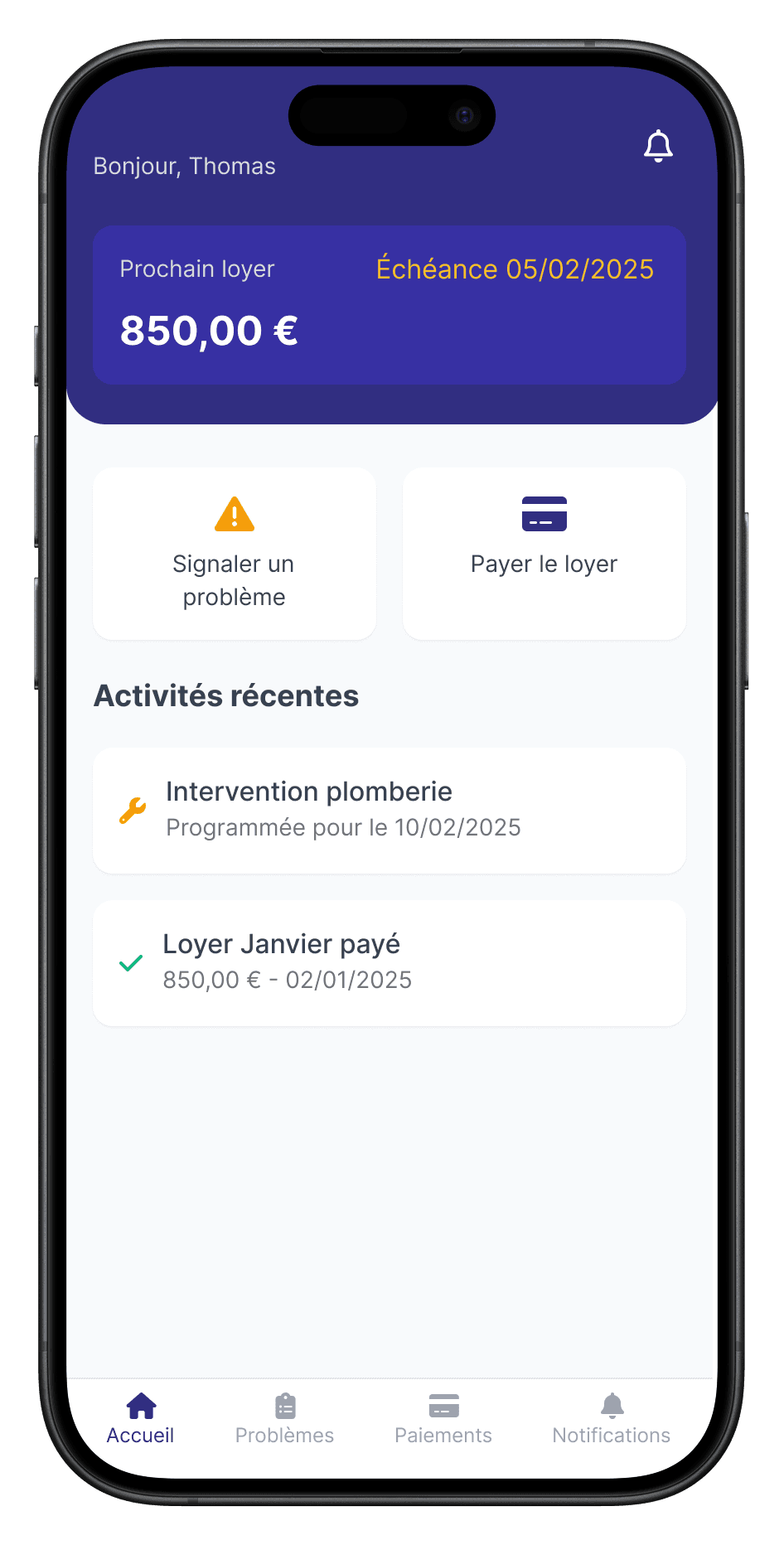 Dashboard locataire — loyer à venir et activités récentes