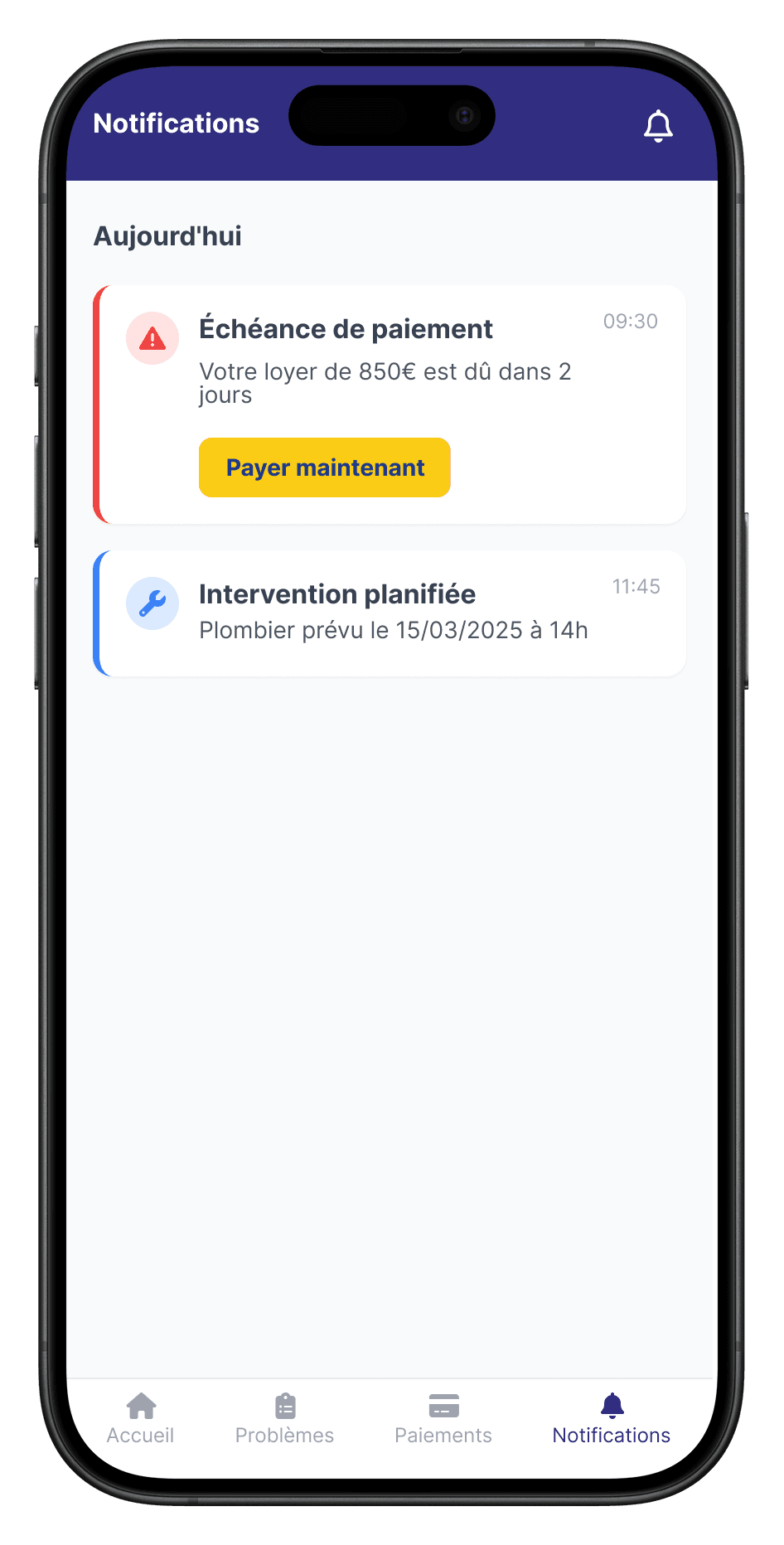 Notifications locataire avec actions rapides