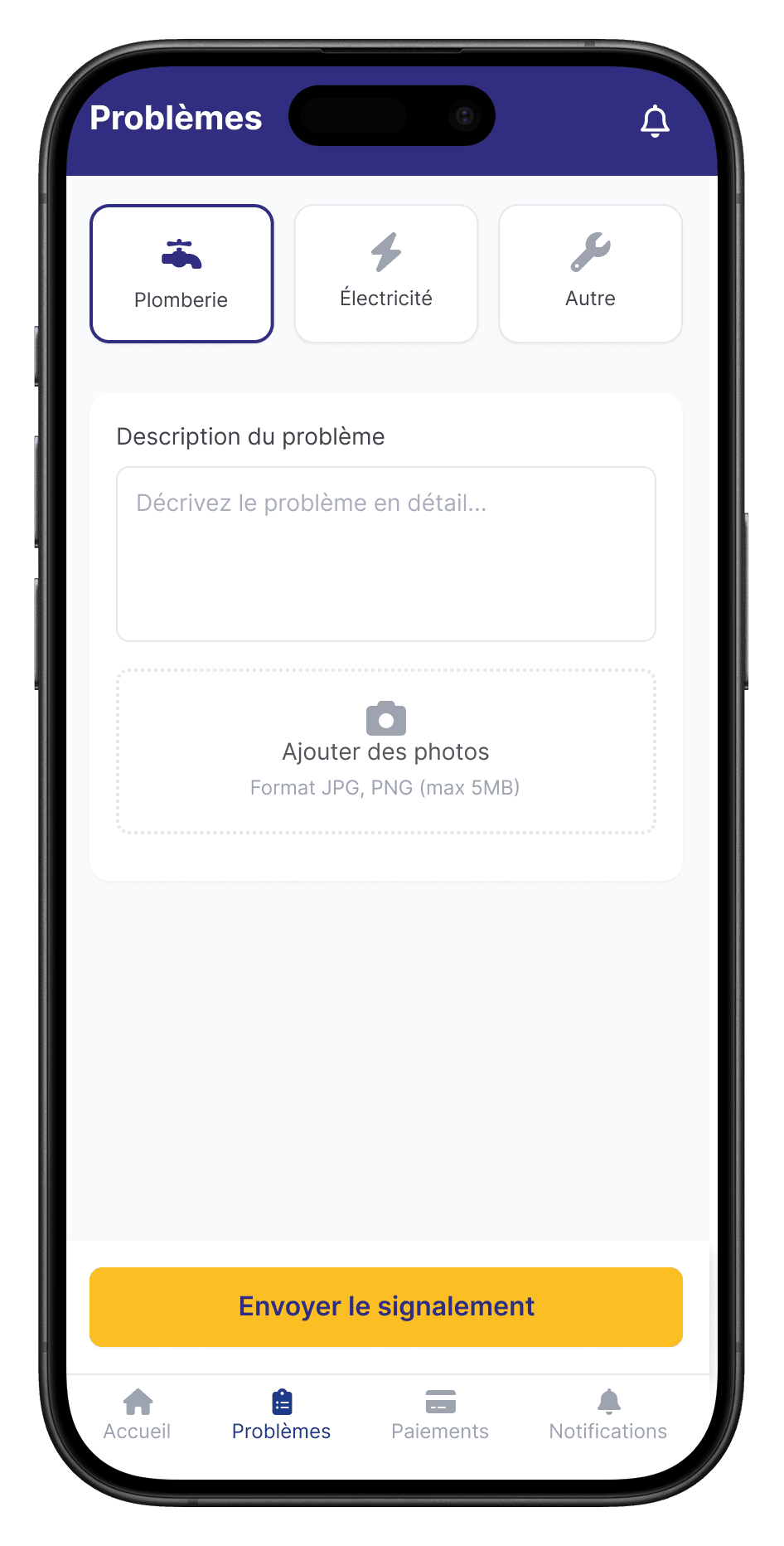 Signalement d'un problème avec photo