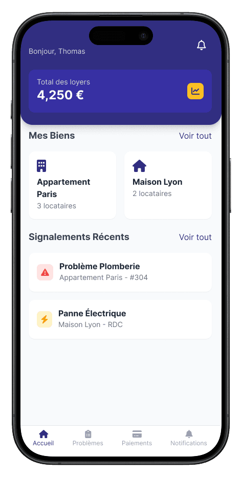 Dashboard propriétaire — total des loyers et accès rapide