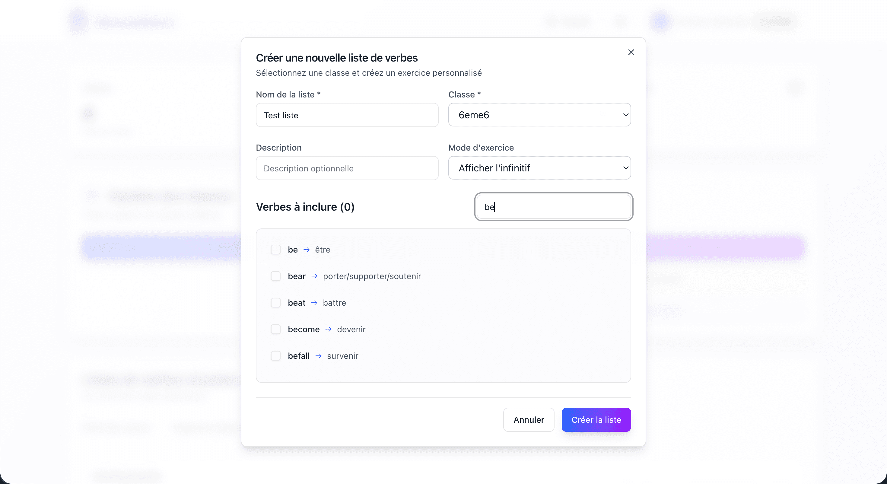 Création d'une liste de verbes personnalisée