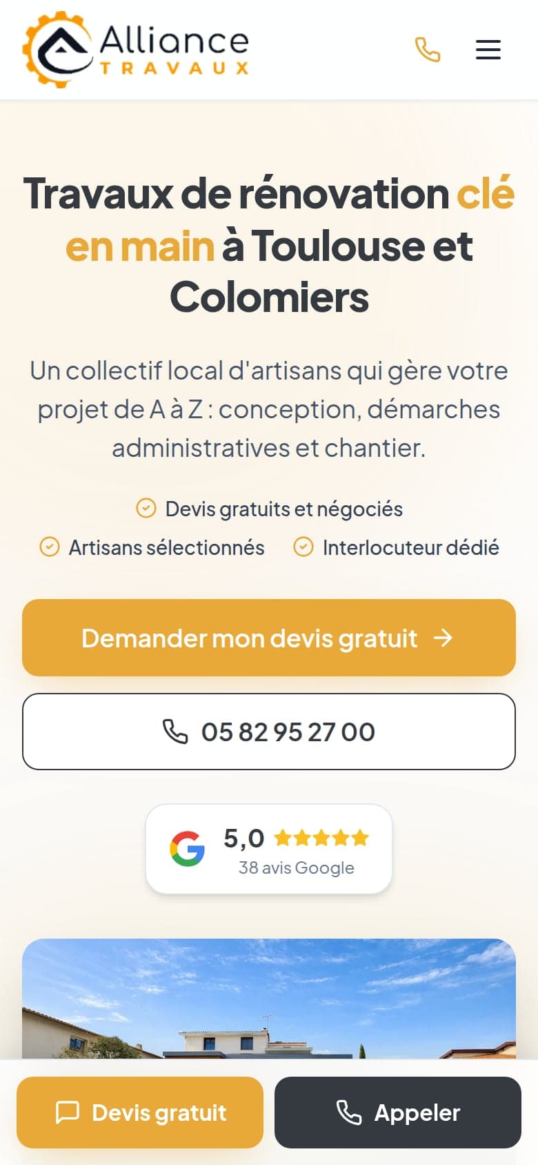 Page d'accueil d'Alliance-TRAVAUX sur téléphone