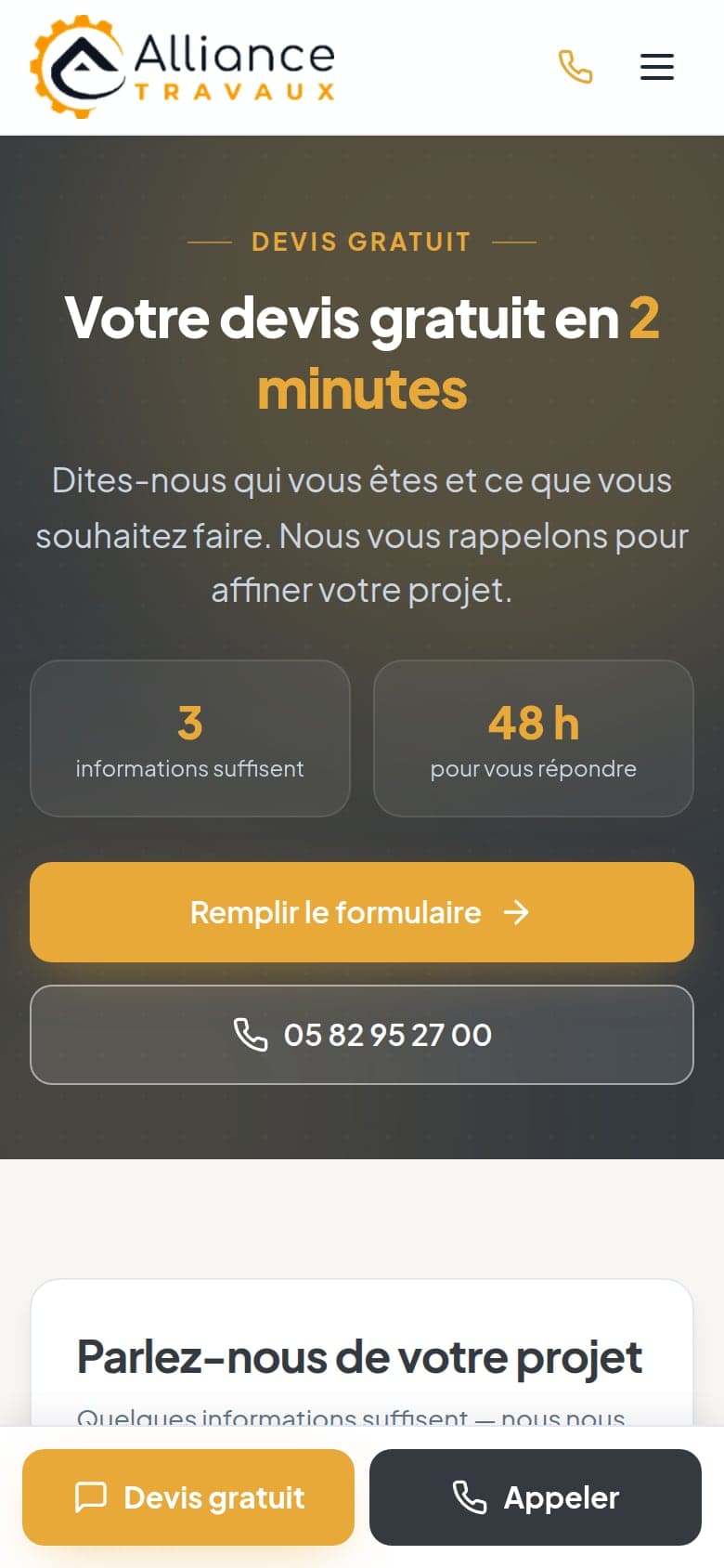 Formulaire de devis sur téléphone