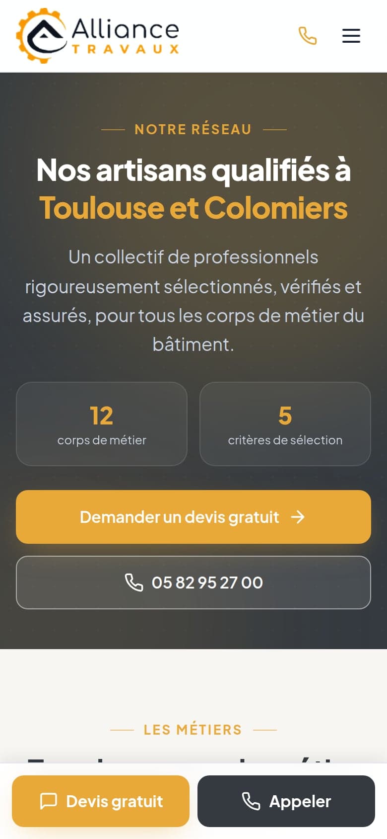 Grille des corps de métier sur téléphone