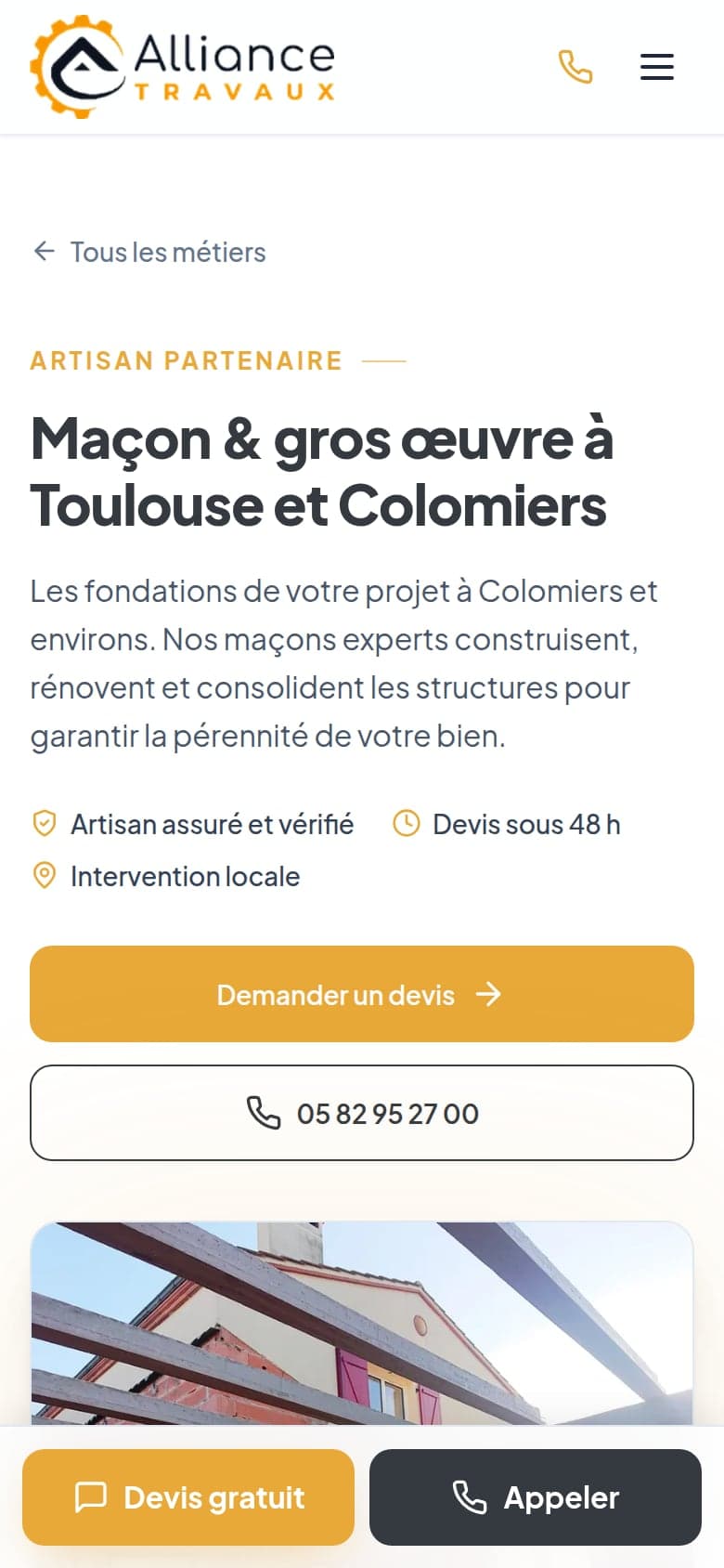 Page métier maçonnerie sur téléphone